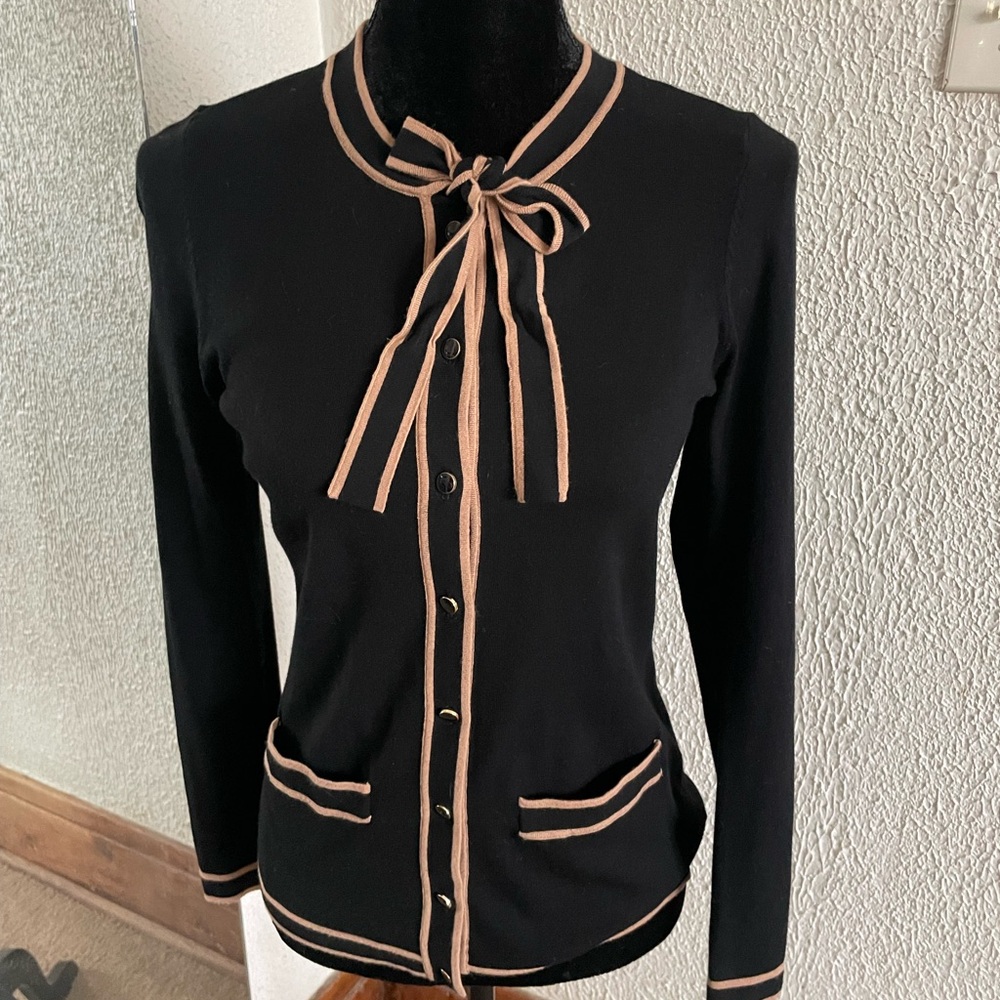 Black Cardigan with Tan Accents & Bow Tie